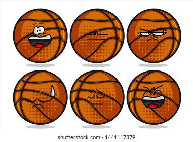 set of funny basketball Ball cartoon character Mascot with various face expression. Vector Illustration Isolated On White Background
