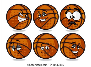 set of funny basketball Ball cartoon character Mascot with various face expression. Vector Illustration Isolated On White Background