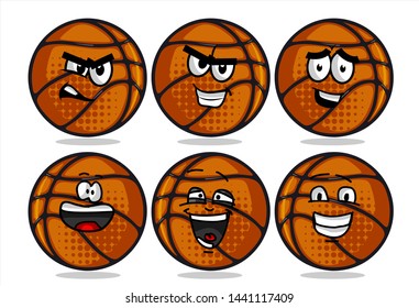 set of funny basketball Ball cartoon character Mascot with various face expression. Vector Illustration Isolated On White Background