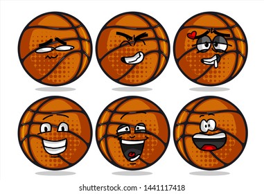 set of funny basketball Ball cartoon character Mascot with various face expression. Vector Illustration Isolated On White Background