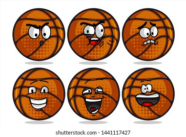 set of funny basketball Ball cartoon character Mascot with various face expression. Vector Illustration Isolated On White Background