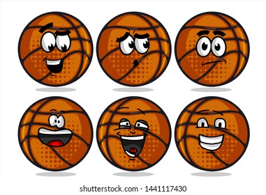 set of funny basketball Ball cartoon character Mascot with various face expression. Vector Illustration Isolated On White Background