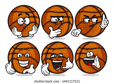 set of funny basketball Ball cartoon character Mascot with various face expression. Vector Illustration Isolated On White Background
