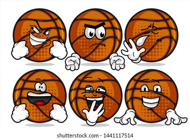 set of funny basketball Ball cartoon character Mascot with various face expression. Vector Illustration Isolated On White Background