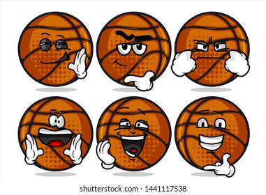 set of funny basketball Ball cartoon character Mascot with various face expression. Vector Illustration Isolated On White Background