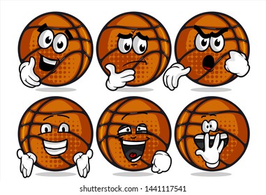 set of funny basketball Ball cartoon character Mascot with various face expression. Vector Illustration Isolated On White Background