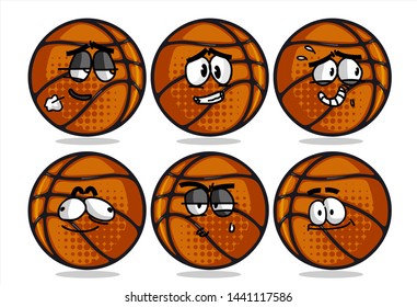 set of funny basketball Ball cartoon character Mascot with various face expression. Vector Illustration Isolated On White Background