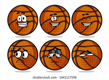 set of funny basketball Ball cartoon character Mascot with various face expression. Vector Illustration Isolated On White Background