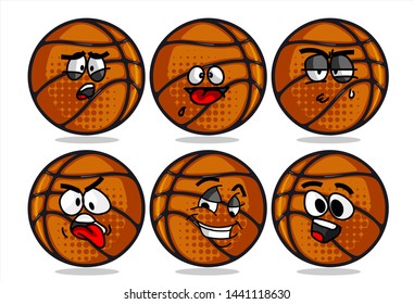 set of funny basketball Ball cartoon character Mascot with various face expression. Vector Illustration Isolated On White Background