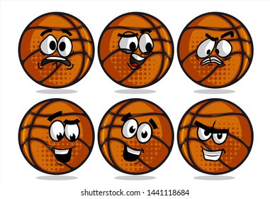 set of funny basketball Ball cartoon character Mascot with various face expression. Vector Illustration Isolated On White Background