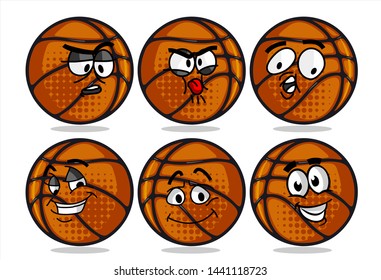 set of funny basketball Ball cartoon character Mascot with various face expression. Vector Illustration Isolated On White Background