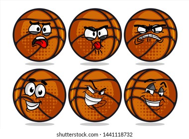 set of funny basketball Ball cartoon character Mascot with various face expression. Vector Illustration Isolated On White Background