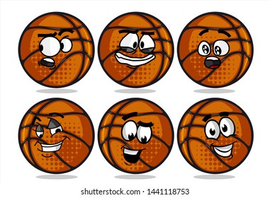 set of funny basketball Ball cartoon character Mascot with various face expression. Vector Illustration Isolated On White Background