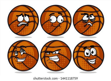 set of funny basketball Ball cartoon character Mascot with various face expression. Vector Illustration Isolated On White Background