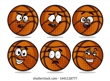 set of funny basketball Ball cartoon character Mascot with various face expression. Vector Illustration Isolated On White Background