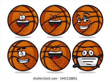 set of funny basketball Ball cartoon character Mascot with various face expression. Vector Illustration Isolated On White Background