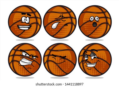 set of funny basketball Ball cartoon character Mascot with various face expression. Vector Illustration Isolated On White Background