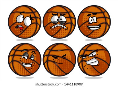 set of funny basketball Ball cartoon character Mascot with various face expression. Vector Illustration Isolated On White Background