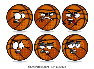 set of funny basketball Ball cartoon character Mascot with various face expression. Vector Illustration Isolated On White Background