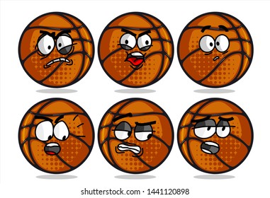 set of funny basketball Ball cartoon character Mascot with various face expression. Vector Illustration Isolated On White Background