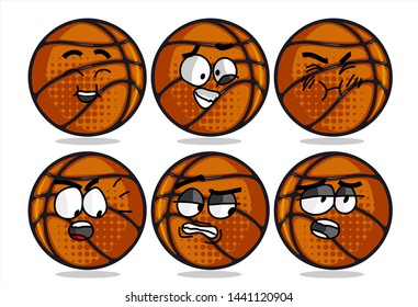 set of funny basketball Ball cartoon character Mascot with various face expression. Vector Illustration Isolated On White Background