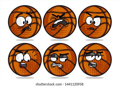 set of funny basketball Ball cartoon character Mascot with various face expression. Vector Illustration Isolated On White Background