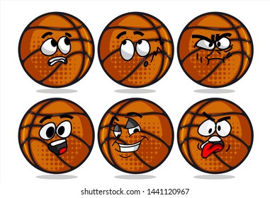 set of funny basketball Ball cartoon character Mascot with various face expression. Vector Illustration Isolated On White Background