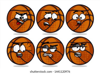 set of funny basketball Ball cartoon character Mascot with various face expression. Vector Illustration Isolated On White Background