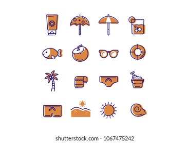 a set of funny beach icons with warm colors