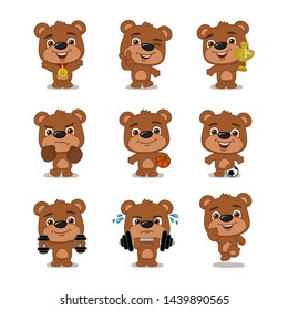 Set of funny bear athlete in cartoon style in different sports and with prizes isolated on white background