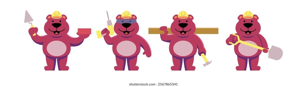 set of funny bear builder cartoon character