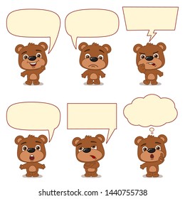 Set of funny bear in cartoon style with speech bubbles in different emotions