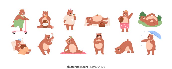 Juego de graciosos personajes del oso montando moto, comiendo miel y helado, saludando con pata, bailando, mintiendo, rodando, haciendo ejercicio y durmiendo. Ilustración vectorial plana coloreada aislada en fondo blanco