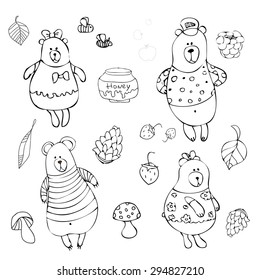 set of funny bear clothing , beasts of the forest . Berries, fruits , mushrooms , bees , honey . sketch with elements for design or coloring. vector background White