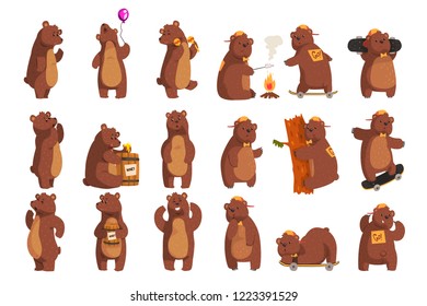 Set with funny bear. Forest animal waving by paw, holding balloon, dancing, howling, calling someone, eating honey from wooden barrel, smiling. Flat vector design svg