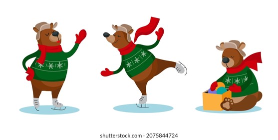 Set of funny bears characters in winter clothes. Vector illustration.