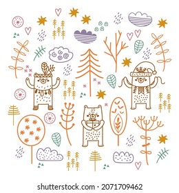Set of funny bears, forest trees and decorative elements in scandinavian style.  Cute woodland animals and plants, cartoon characters. Vector hand drawn doodle images for kids, isolated on white. 