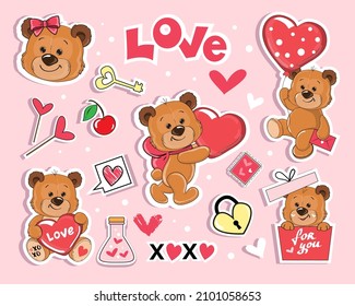 Montaje de osos divertidos, corazones y letras de San Valentín en un fondo rosado. Ilustración vectorial de las insignias de los parches de moda