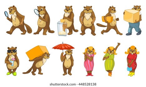 Set of funny beavers with magnifier, election box, cardboard boxes, cocktail, umbrella. Set with cheerful female beavers wearing dresses and shoes. Vector illustration isolated on white background.