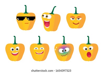Set of funny bell pepper character isolated on white background. Vector cartoon faces with various emotions.