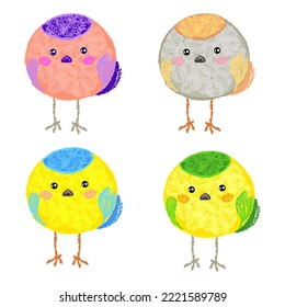 a set of funny birds drawn by children with crayons, pencils