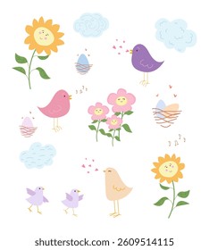Set of funny birds, flowers, eggs, clouds in a children's style. Funny cartoon colorful character. Vector illustration. Isolated on white background