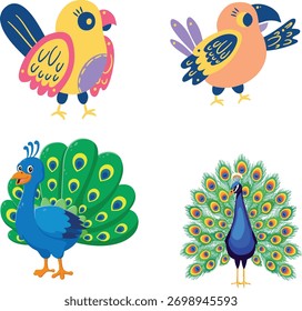 Conjunto de pájaros divertidos y pájaros de pavo real Vector