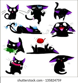 Set of funny black cats on a white background. Vector illustration.