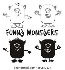 Set of Funny Black Contour and Silhouette Cartoon Characters, Different Angry Monsters Waving their Paws, Elements for your Design, Prints and Banners, Isolated on White Background. Vector