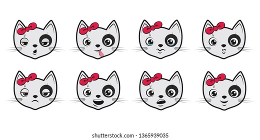 Set of funny black and white cats with red bow on the white background. Vector illustration in cartoon style