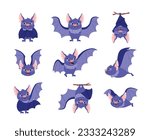 Set of funny blue bats in different poses flat style, vector illustration isolated on white background. Sleeping, flying, hanging and standing little animals with big ears and fangs, collection