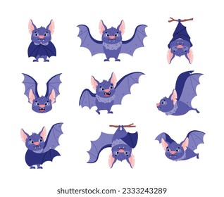 Set of funny blue bats in different poses flat style, vector illustration isolated on white background. Sleeping, flying, hanging and standing little animals with big ears and fangs, collection