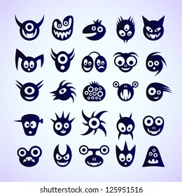 Set of funny blue monster icons.