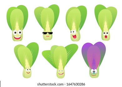 Set of funny Bok choy or Chinese cabbage character isolated on white background. Vector cartoon faces with various emotions.